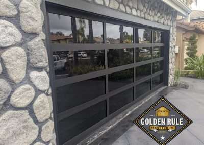 These New Contemporary Glass Aluminum Garage Doors were installed in Trabuco Canyon Ca by Golden Rule Garage Door Inc.