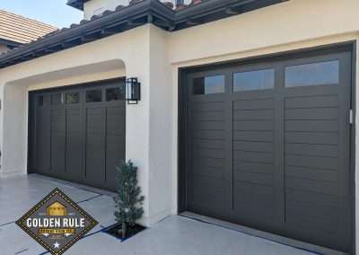 New Custom Wood Carriage House Garage Doors installed in Coto de Caza CA by Golden Rule Garage Door Inc. Craftsman Style Paint-grade