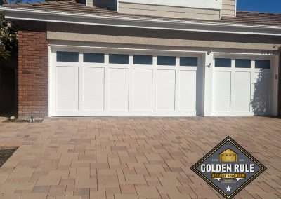 New Custom Wood Carriage House Garage Doors installed in Dana CA by Golden Rule Garage Door Inc. Coastal Craftsman, Paint-Grade