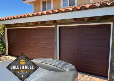 These Insulated Poly-back Unique Traditional Long Panel Garage Doors in Light Finish Wood-Like with 8 R-value were installed in Laguna Hills CA by Golden Rule Garage Door Inc.