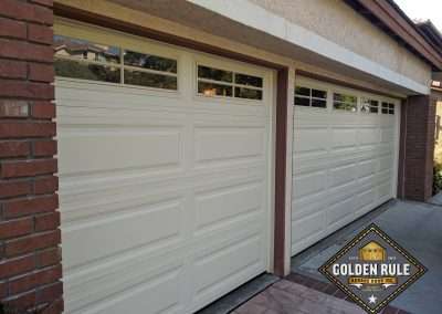 These Unique Traditional Long Panel New Garage Doors in Almond with L197 were installed in Orange County CA by Golden Rule Garage Door Inc.